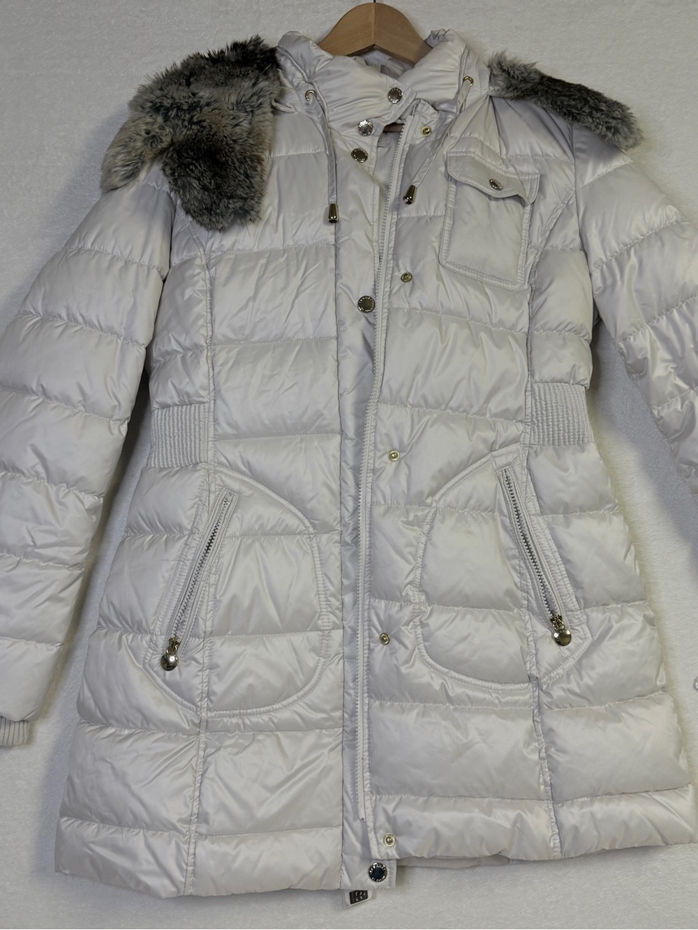 Laundry by Design White Quilted Puffer Coat with Faux Fur Hood Trim